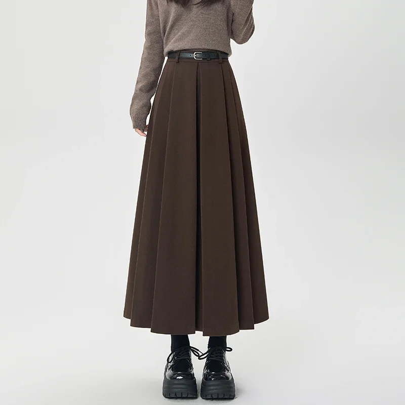 Woolen Pleated A-line Skirts Female 2024 Autumn Winter High Waist Slim Drape Skirts Casual All Match with Belt Mid-Length Skirts