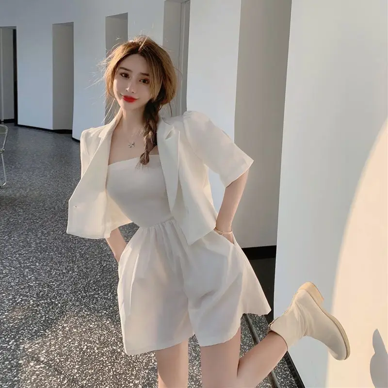 Summer New Thin Loose Suit Coat and Shorts Off Shoulder Solid Color Shorts Sets Trend Korean Fashion Women Clothing