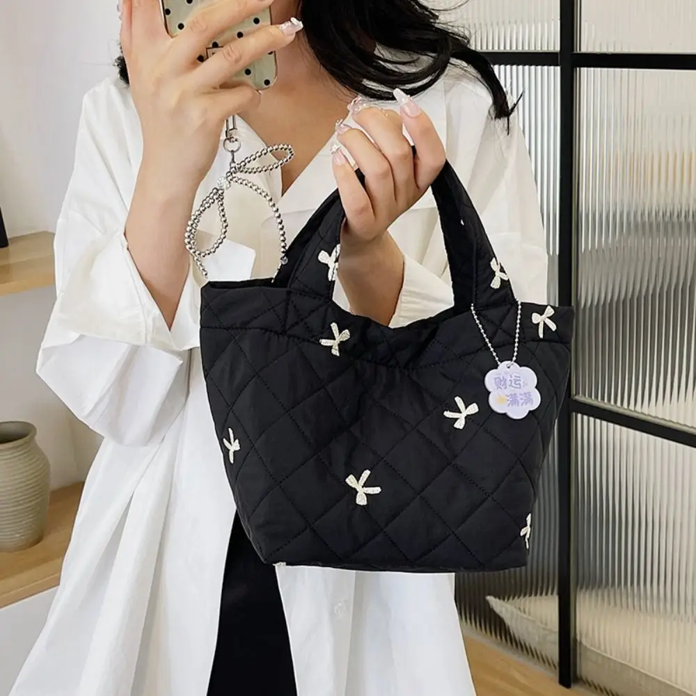 

New Bow Quilted Handbag Large Capacity Padded Tote Bag Lightweight Puffy Lunch Bag