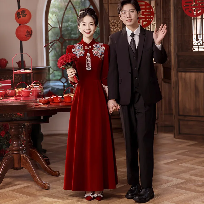 Winter Cheongsam Toast Dress Bride Engagement Wedding Evening Red Summer Velvet Long Sleeves Women's Clothing