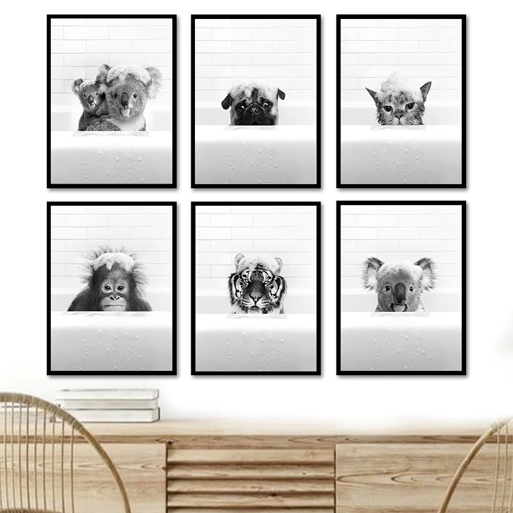 

Funny Tub Animal Wall Art Dog Lover Gift Bathroom Portrait Kids Room Decor Elephant Elephant Canvas Painting Room Home Decor