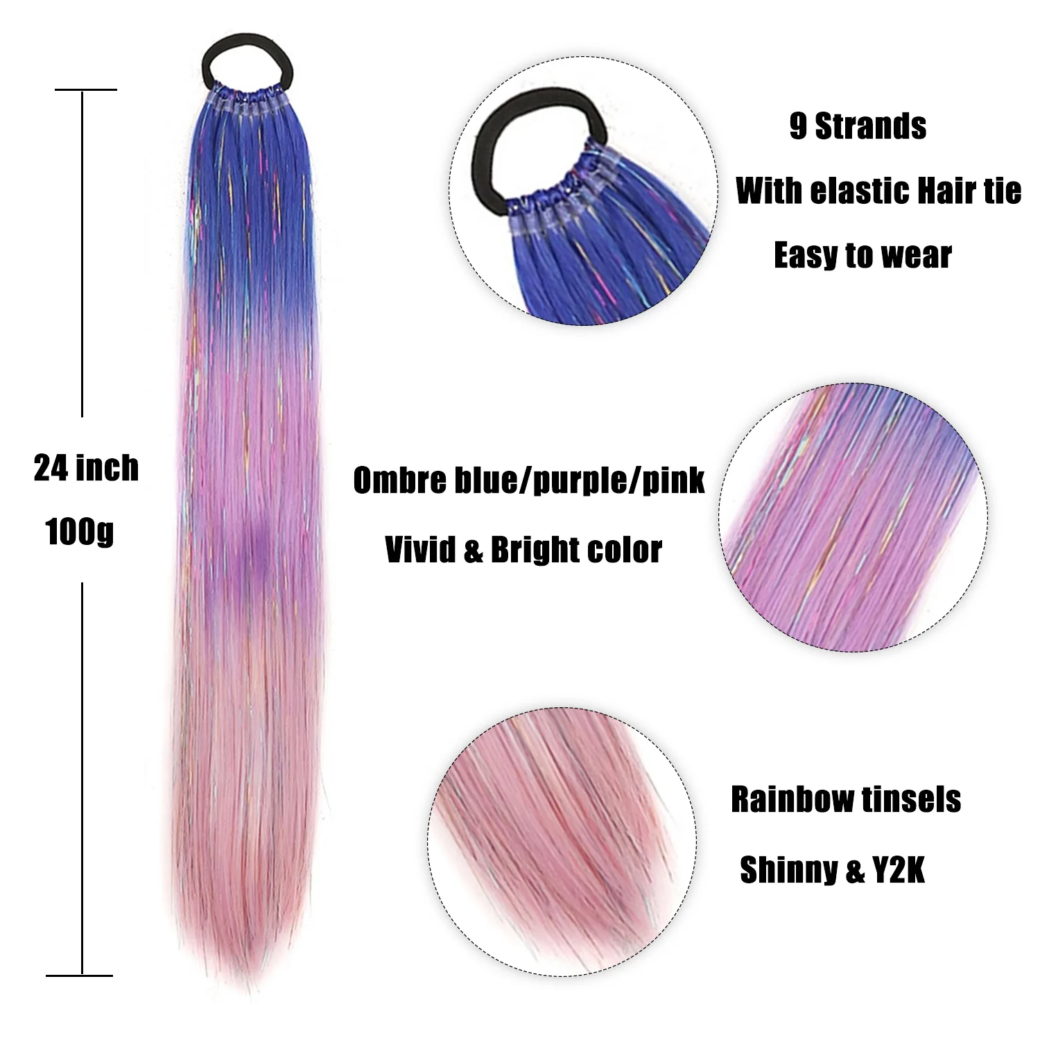 Colorful Hair Extensions Ombre Braid Ponytail Blend Hair Tinsel with Hair Tie Crazy Hair Day Accessories For Women Girls