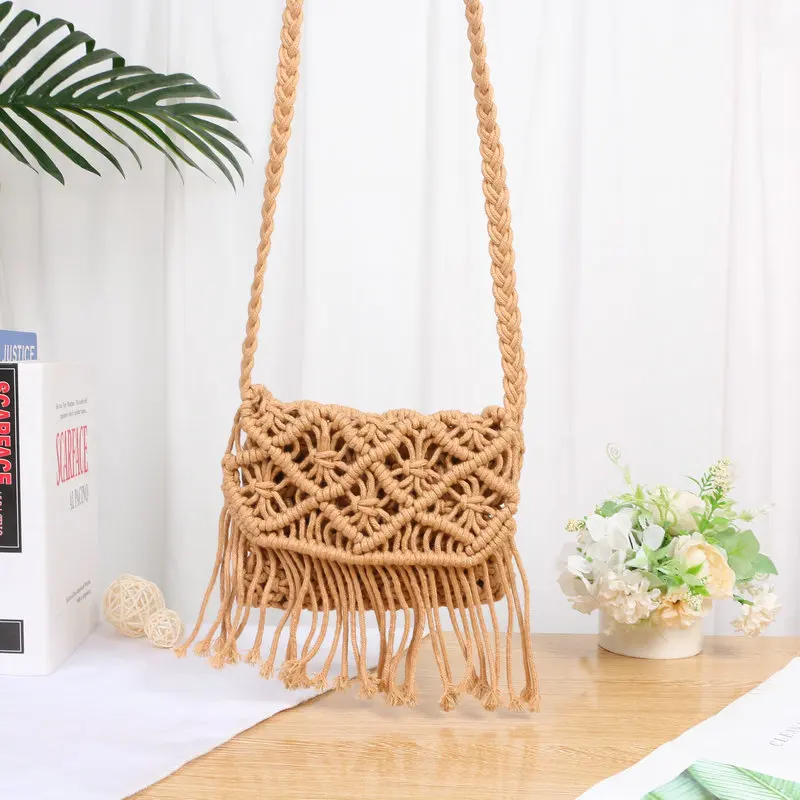 Bolso cruzado tejido de cuerda de algodón para mujer, bolso de hombro con borla de punto hecho a mano, bolso de playa de paja bohemio, monedero con