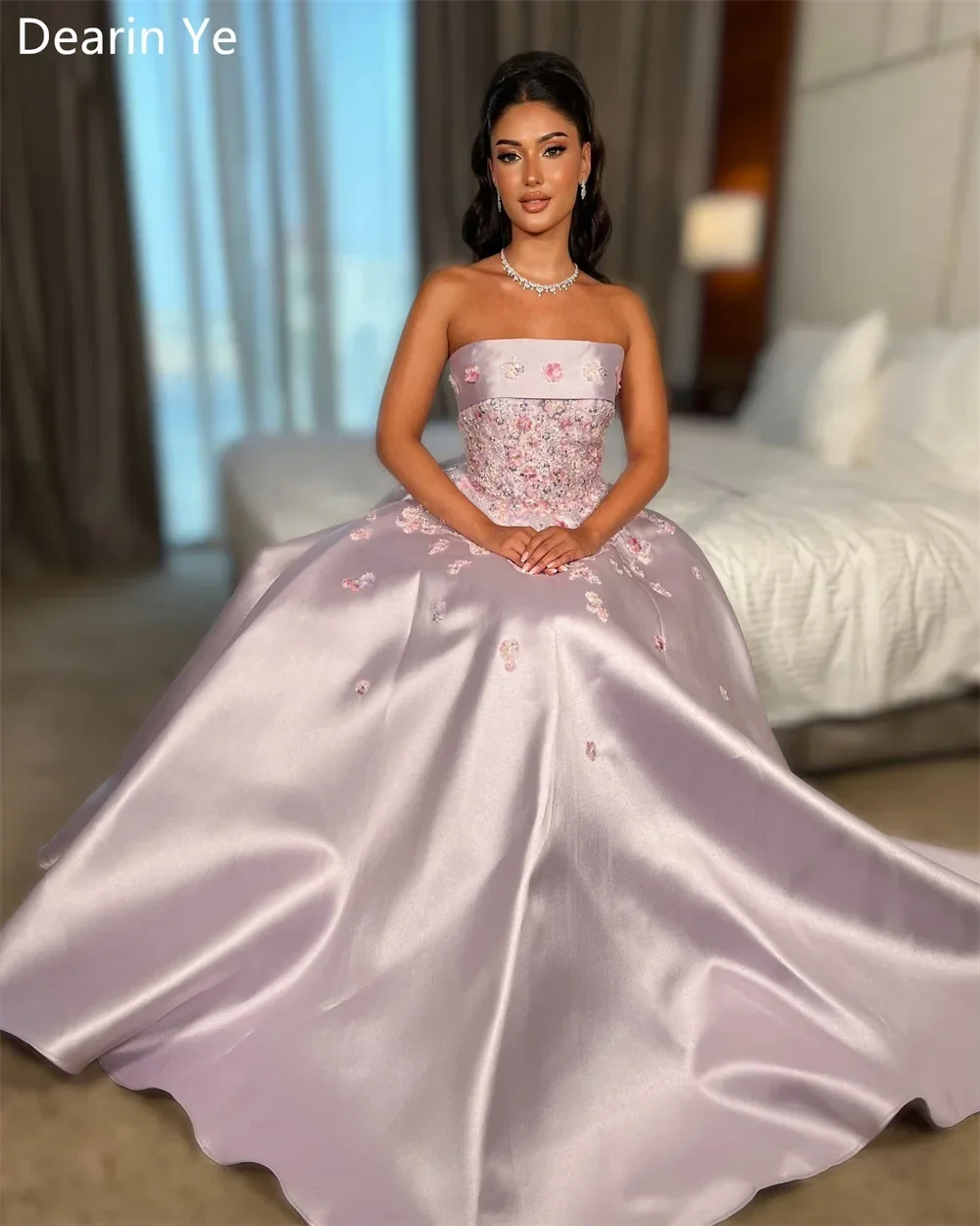 Vestido de graduación Dearin sin tirantes, falda hasta el suelo, drapeado, sin mangas, apliques de flores, vestidos para ocasiones formales, Arabia Saudita