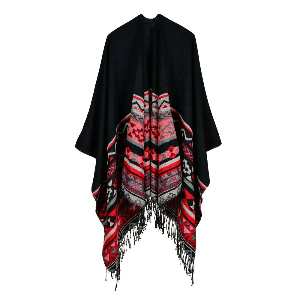 

2024 New Vintage All-Matching Pure Cotton Keep Warm Shawl Capes Autumn and Winter New Tassel Open Stitch Cape Ponchos T507