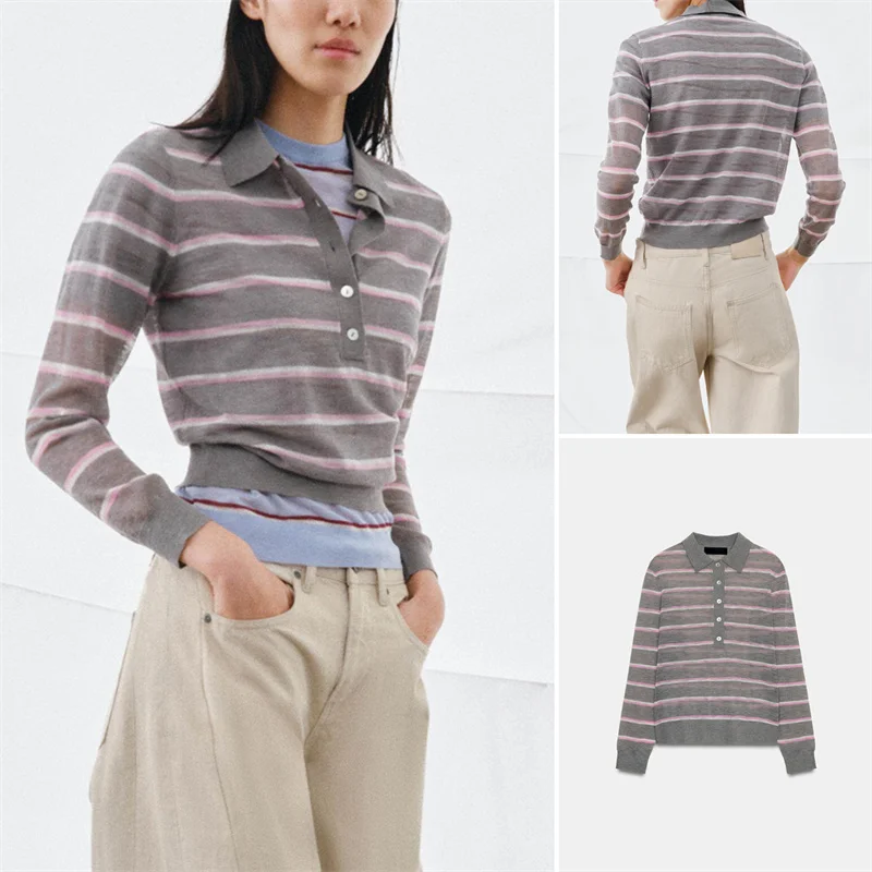 

Spring Summer New Arrival Women's Casual Fashion Long Sleeve Cotton Wool Blend Striped Knitted Shirt Soft Comfortable Fit