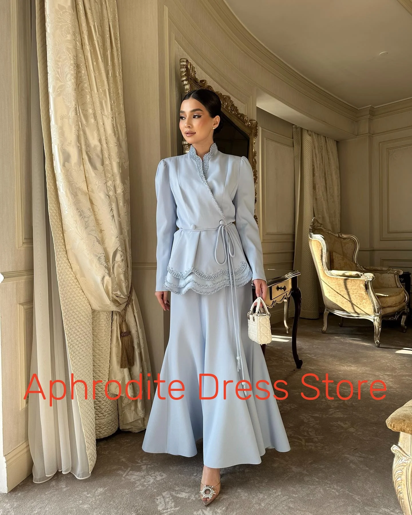 

Customized Exquisite Jersey Pearls Mermaid Evening Dresses High Quality Long Sleeves Cocktail Dress Custom Made Party