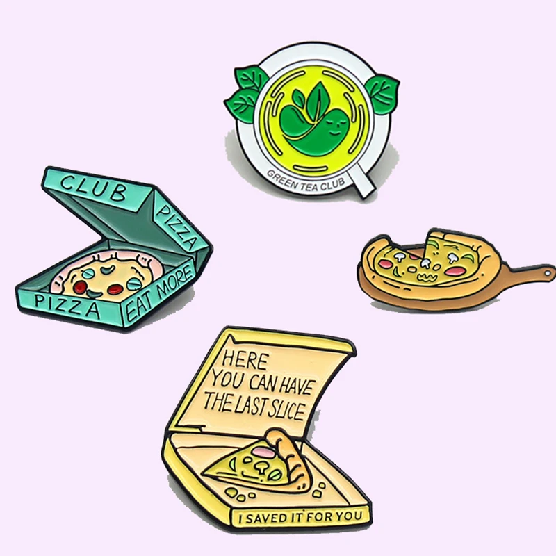 2021 New Arrival Green Plant Elf Pizza Food Enamel Jewelry Cartoon Pizza Club Takeaway Fast Food Badge Pendant Gifts