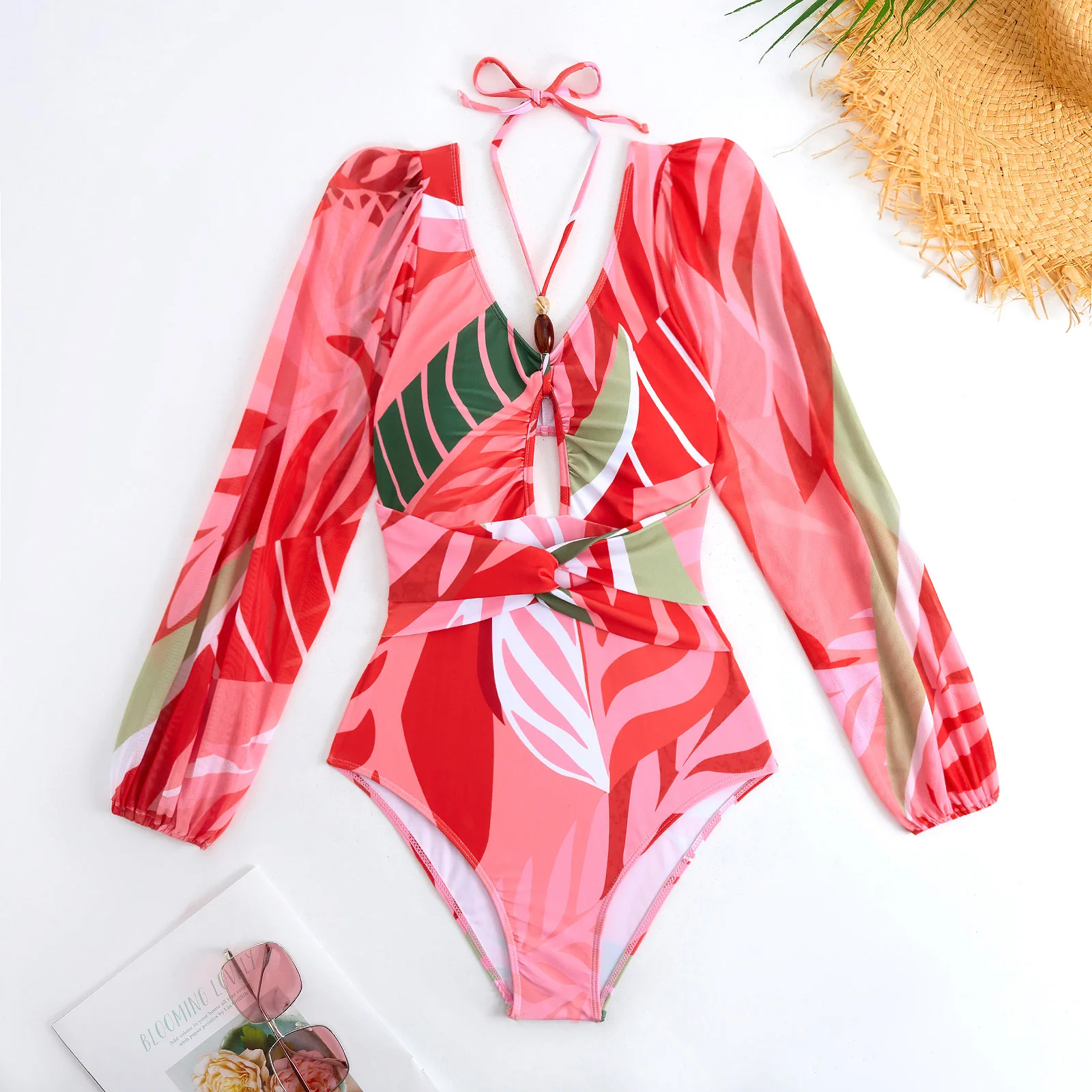 Red Leaves Printed Swimsuit With Cover Up Sexy Swimwear Women 2025 Hollowen Halter Swim Suits Puff Sleeve Bodysuit Beachwear