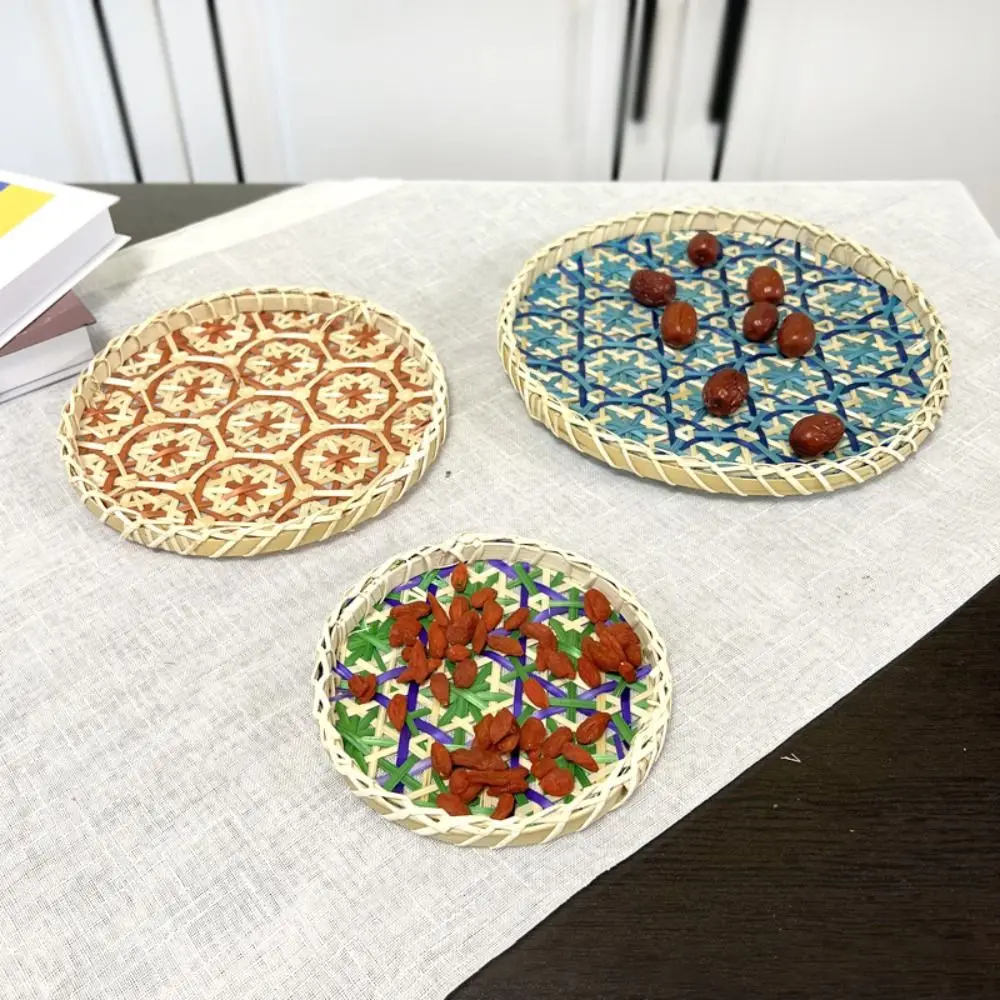 

Creative Colorful Handmade Bamboo Round Tray Bohemian Style Woven Food Tray Portable Decorative Dried Fruit Plate Restaurant
