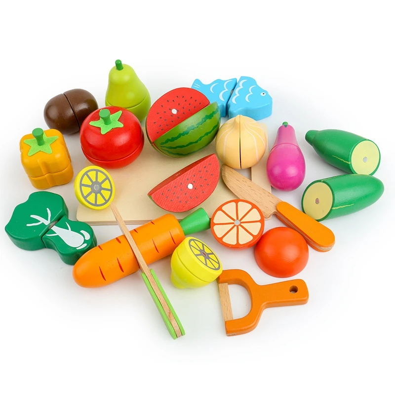 

17 PCS Kids Wooden Kitchen Cutting Toys Simulation Fruit Vegetable Playset Children Play House Cooking Pretend Toys