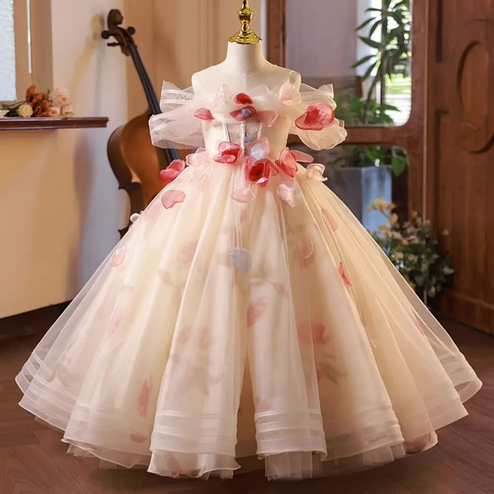 Jill Wish Luxury Floral Dubai Girl Dress Handmade Flowers Arabic Princess Kids Wedding Birthday Party Long Ball Gown J121