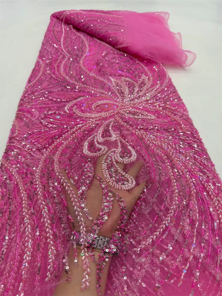 

High-Quality Beaded Tulle Lace Fabric with Sequins Latest Design for Sewing Craft Beads Lace Fabric with Sequence