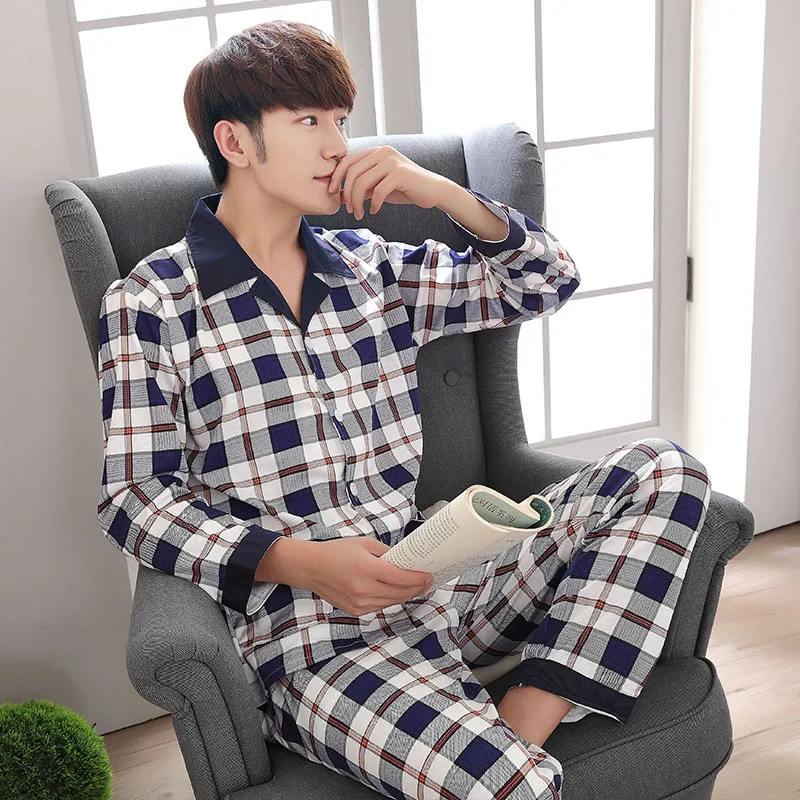 Large Size Warm Sleepwear for Winter Pajamas Men\'s Long-Sleeved Youth Home Wear 2PCS Set Cartoon Bear Plaid Simple Loungewear