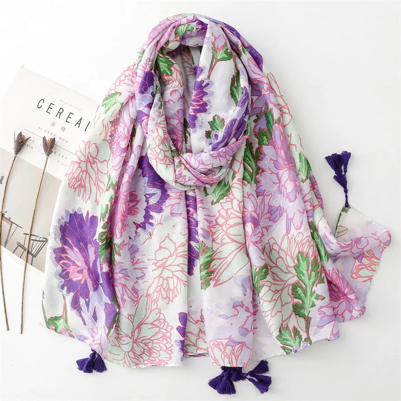 2024 New Women Cotton Scarf flower Print Hijab soft Shawls and Wraps Tessale Female Foulard Designer pashmina Bandana Headscarf