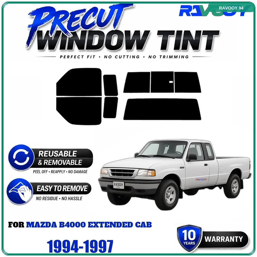 RAVOOY Precut Window Tint, Reusable Removable EPU Film, Custom Fit for Mazda B4000 Extended Cab 1994-1997, UV Heat Protection