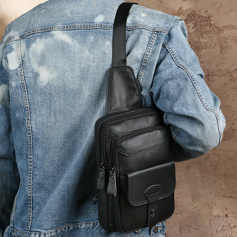 Sac de poitrine multifonctionnel en cuir véritable pour hommes, sac à bandoulière initié masculin, sac à dos tactique extérieur, grande capacité, mode de luxe