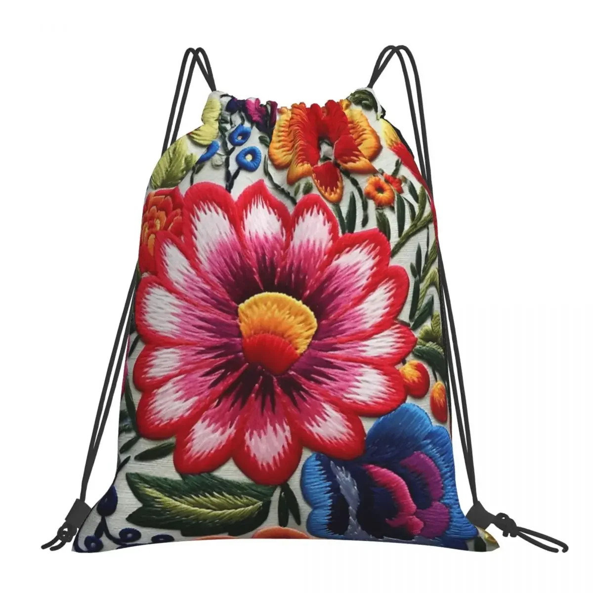 Colorful Mexican Floral Embroidery Backpack Portable Drawstring Bags Drawstring Bundle Pocket Sports Bag BookBag For Man Woman