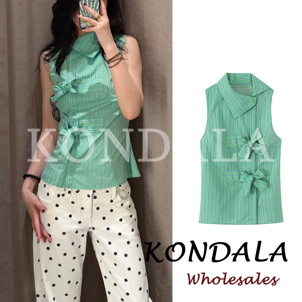 

KONDALA Chic Striped Green Y2K Beach Women Summer Fashion 2026 Top Bows Tank Shirt Casual Streetwear Female Single Breasted Vest