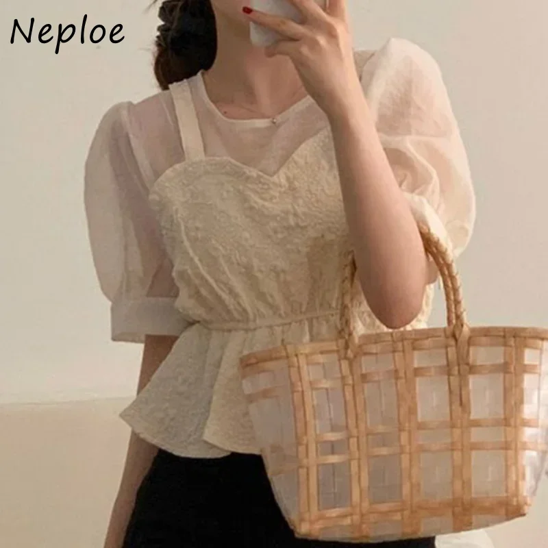 Neploe Early Spring Vintage Blusas Mujer De Moda 2024 O Neck Contrast Color Patchwork Blouses Fake Two Piece Puff Sleeve Shirts