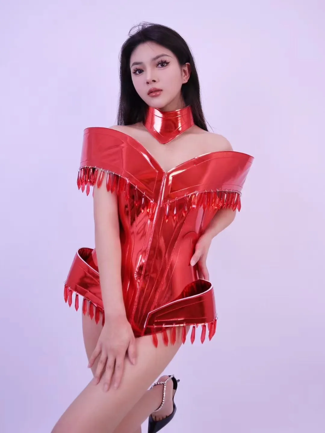 Red Latent Leather New Year Dress For Girl Dance Evening Party drag costume gogo sexy festival show Birthday Special Ocassion