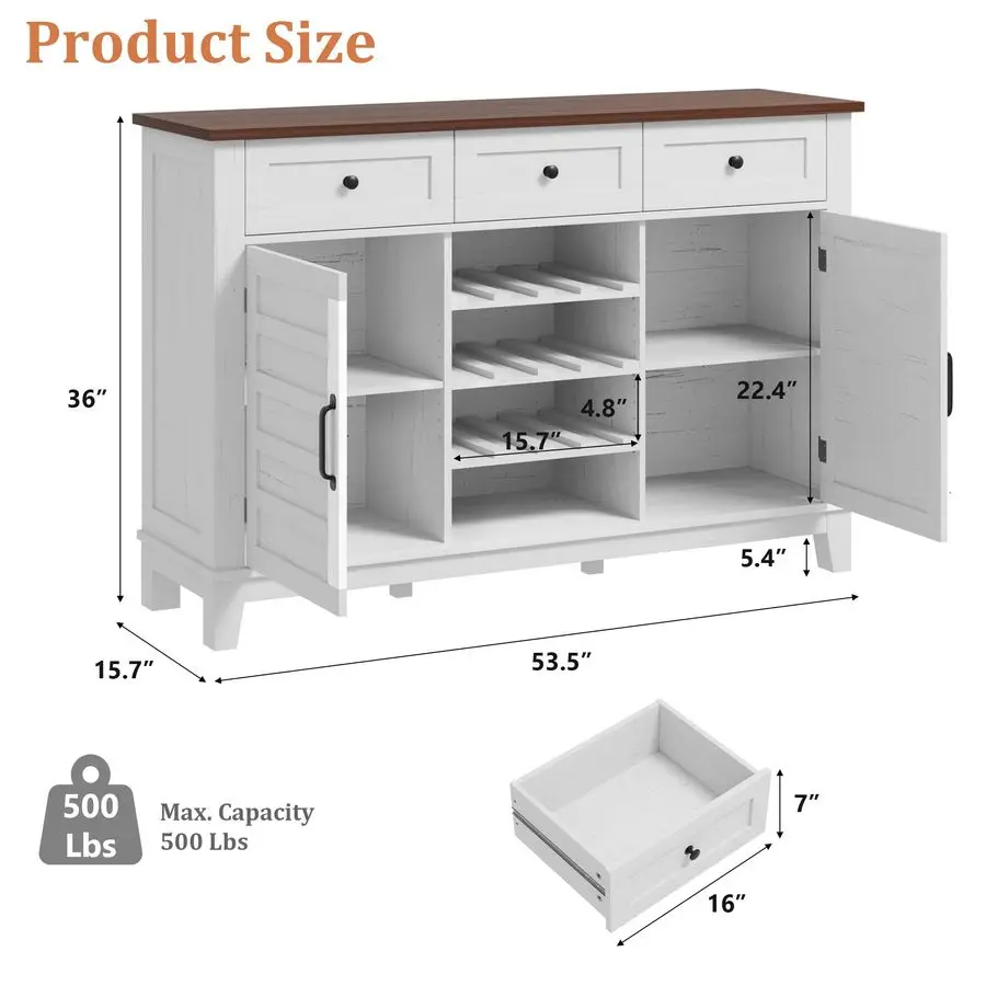 53.5 Farmhouse Buffet Cabinet with Storage, 36 Tall Wood Rustic Sideboard with 3 Drawer, Reversible Wine Rack and Adjustable She