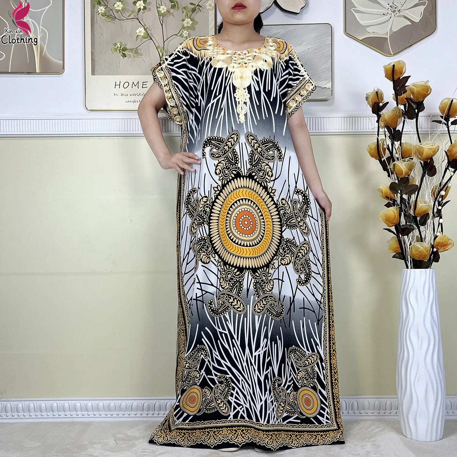 New Style African Abaya Summer Women Dashiki Dresses Floral Loose Boubou Maxi Robe Dubai Islam Women Short Sleeve Casual Dress