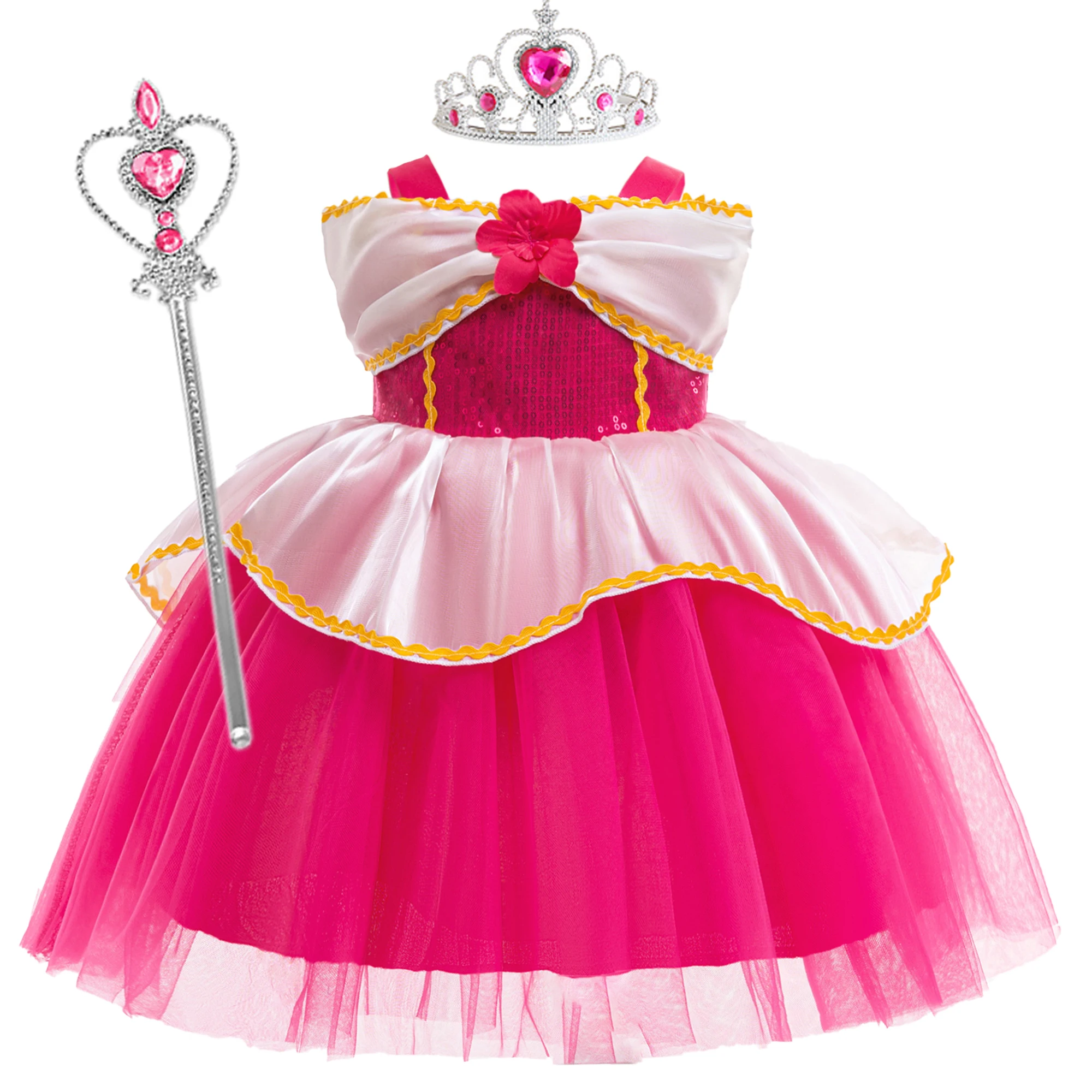 Kids Sleeping Beauty Princess Gown For Baby Girls Pink Sequin Cosplay Dresses Toddler Girl Flower Lace Clothes Children Costumes