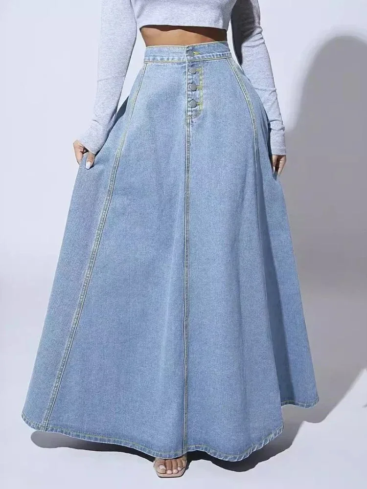 Trendy Denim Skirts Women Long Skirt A Line Single Breasted High Waist Jeans Vintage Maxi Simple Casual Splice Y2k Streetwear