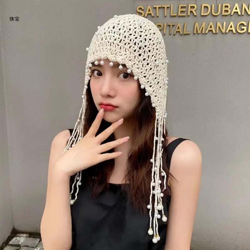 X5QE Elegant Pearls Beanie Hat Breathable Hat Y2K Crochet Beanie Hat Holiday Decors