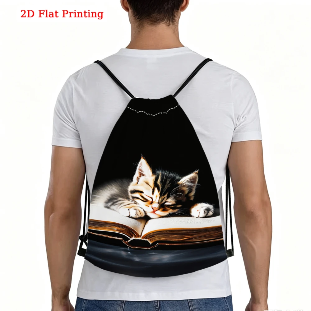 Cute Cat Pattern, Drawstring Backpack, 2D Flat Printing Sleeping Kitten On Book Design, Fitness Sports Bag, Outdoor Travel Sack