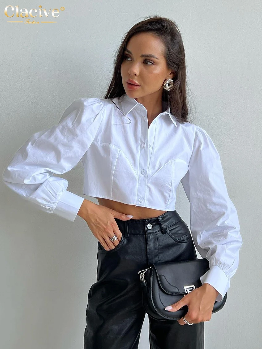 

Clacive Fashion Woman Blouses 2022 Autumn Slim Lapel Long Sleeve Crop Shirts Ladies Streetwear White Skinny Blusas Tops Female