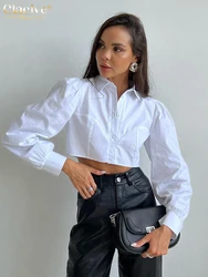 Clacive moda kobiety bluzki 2022 jesień Slim, z klapą z długim rękawem Crop koszule damskie Streetwear, białe, chude Blusas topy kobiet