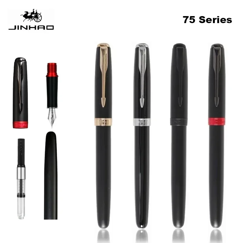 Jinhao 75 Metal Fountain Pen 0.5mm Nib Luxury Elegant Pens Black/Black Red Ink Pens Supplies Stationery Writing Office School