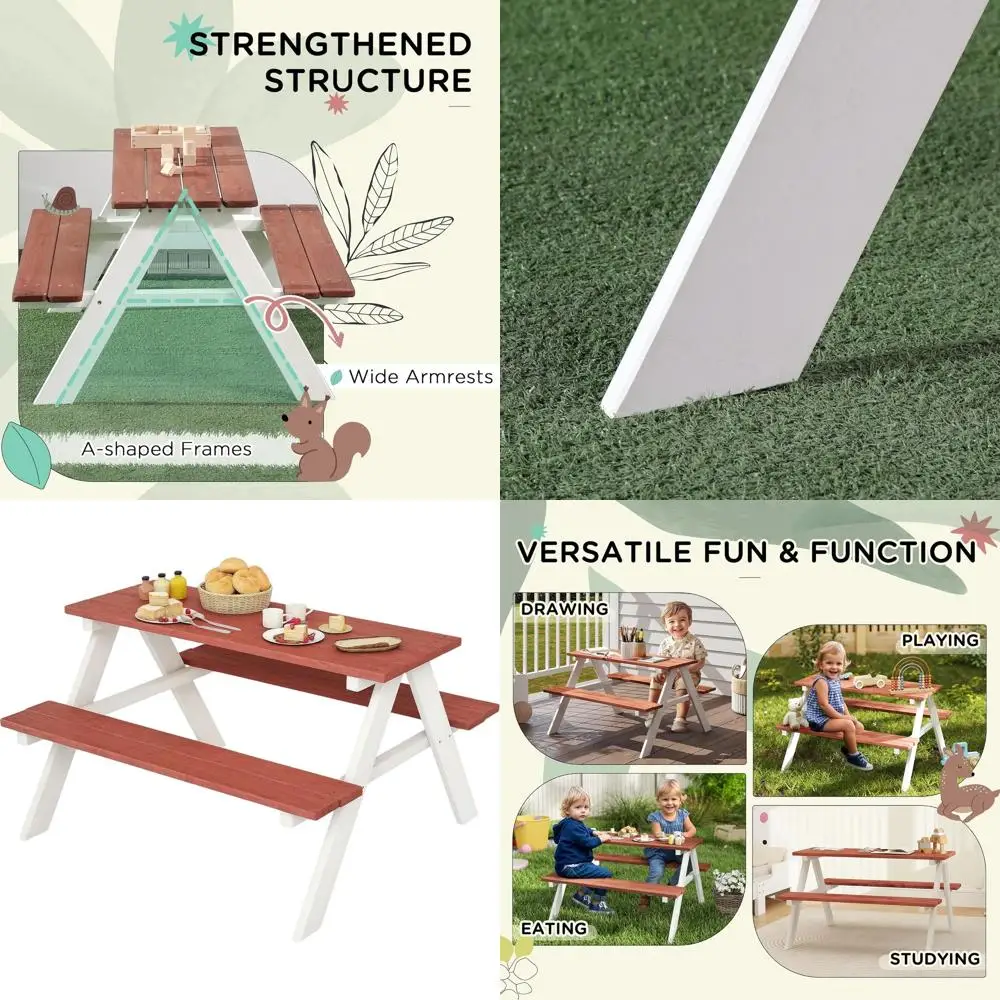 

Children's Wooden Picnic Table and Bench, Outdoor Furniture for Play, Suitable for Ages 3-8, Brown