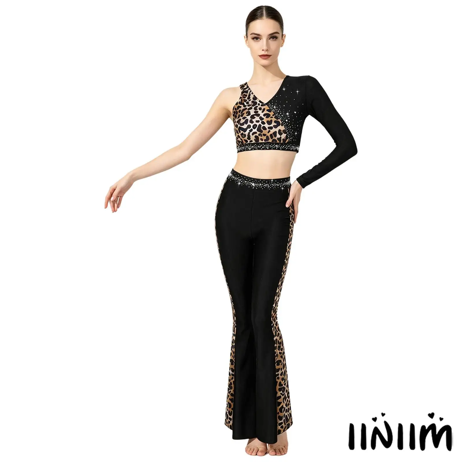 

Womens Leopard Lyrical Dance Set Rhinestone Asymmetrical One Shoulder Long Sleeve Crop Top with Flared Pants Ballerina Costume