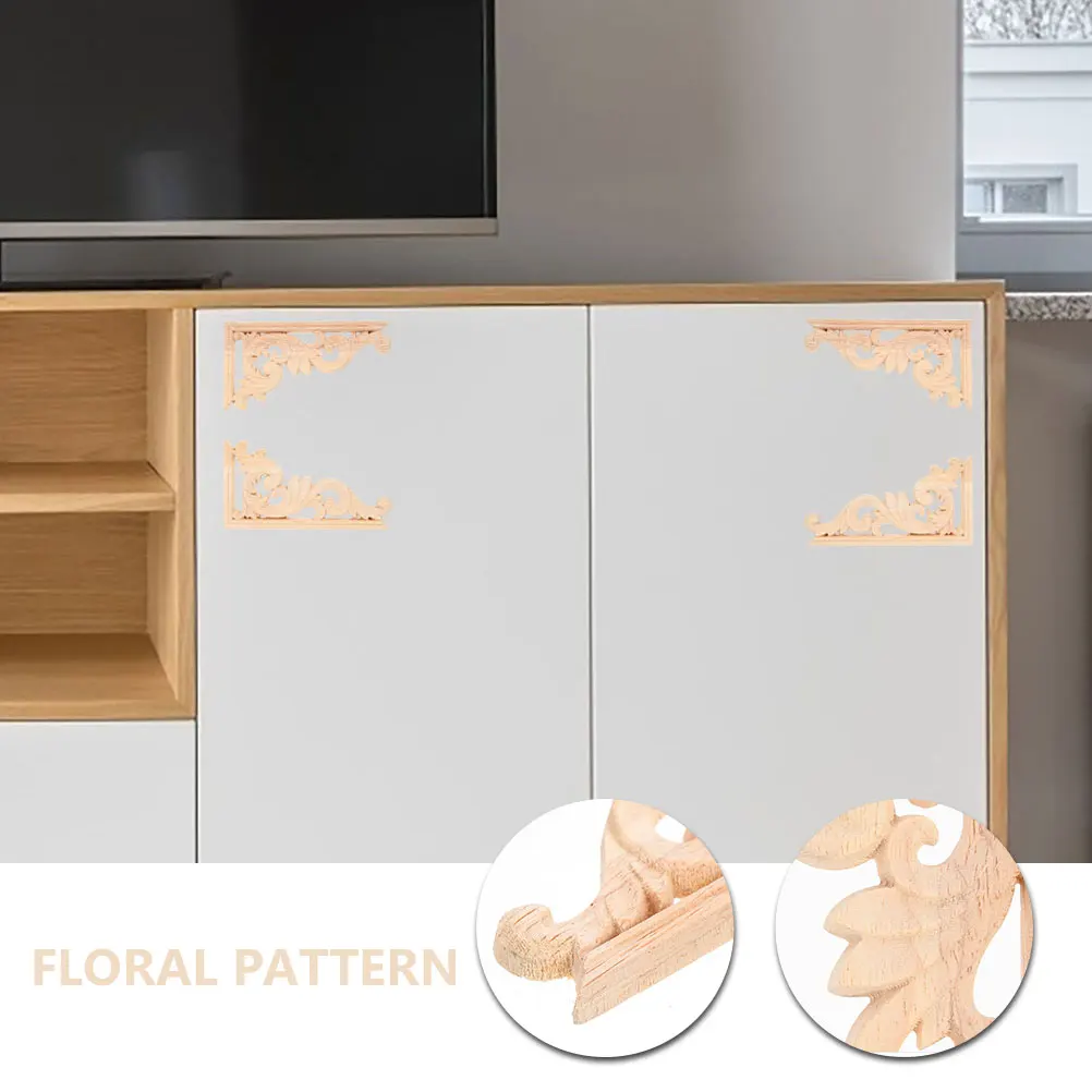 

4Pcs Wood Furniture Corner Onlays Floral Carved European Style Decorative Wooden Appliques for Cabinet Wardrobe Furniture