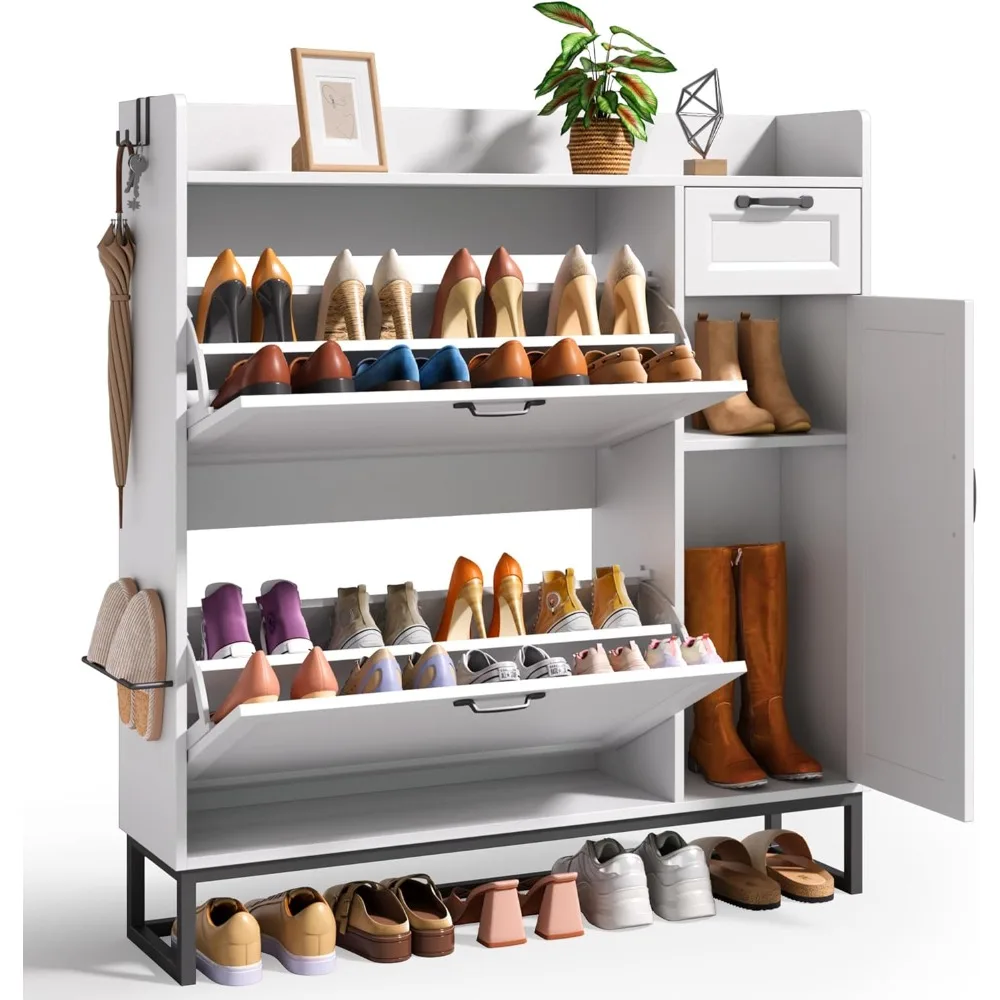 Ahomly 42 White Shoe Cabinet - 2 Flip Drawers (Adjustable), Side Cabinet, Storage Drawer & Open Top - Side Hooks for Shoes & Acc
