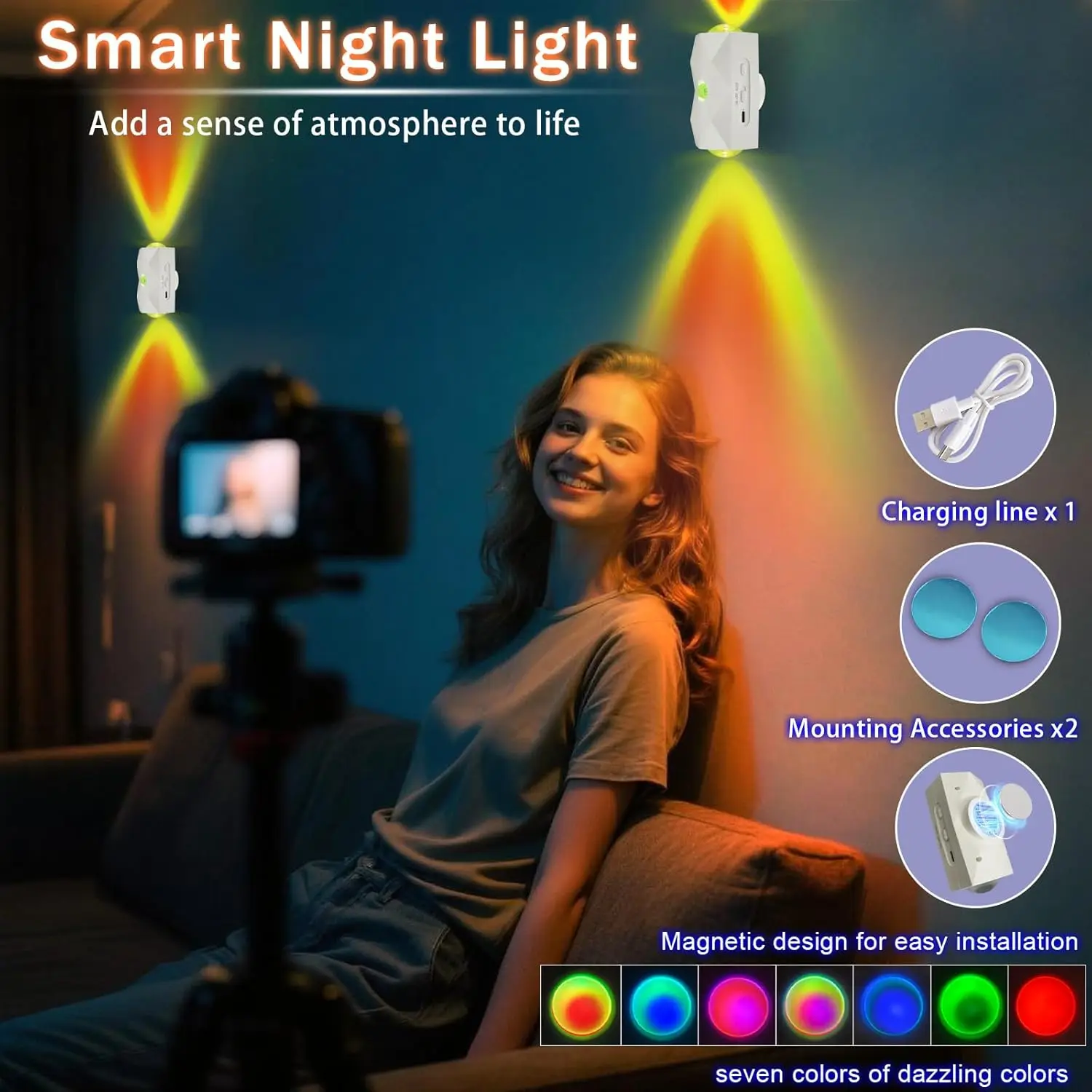 

1/2/4 упаковки, светодиодный датчик движения, ночные светильники, USB перезаряжаемый магнитный монтажный настенный светильник, 15 цветов RGB, светильник для лестницы, комнатный светильник