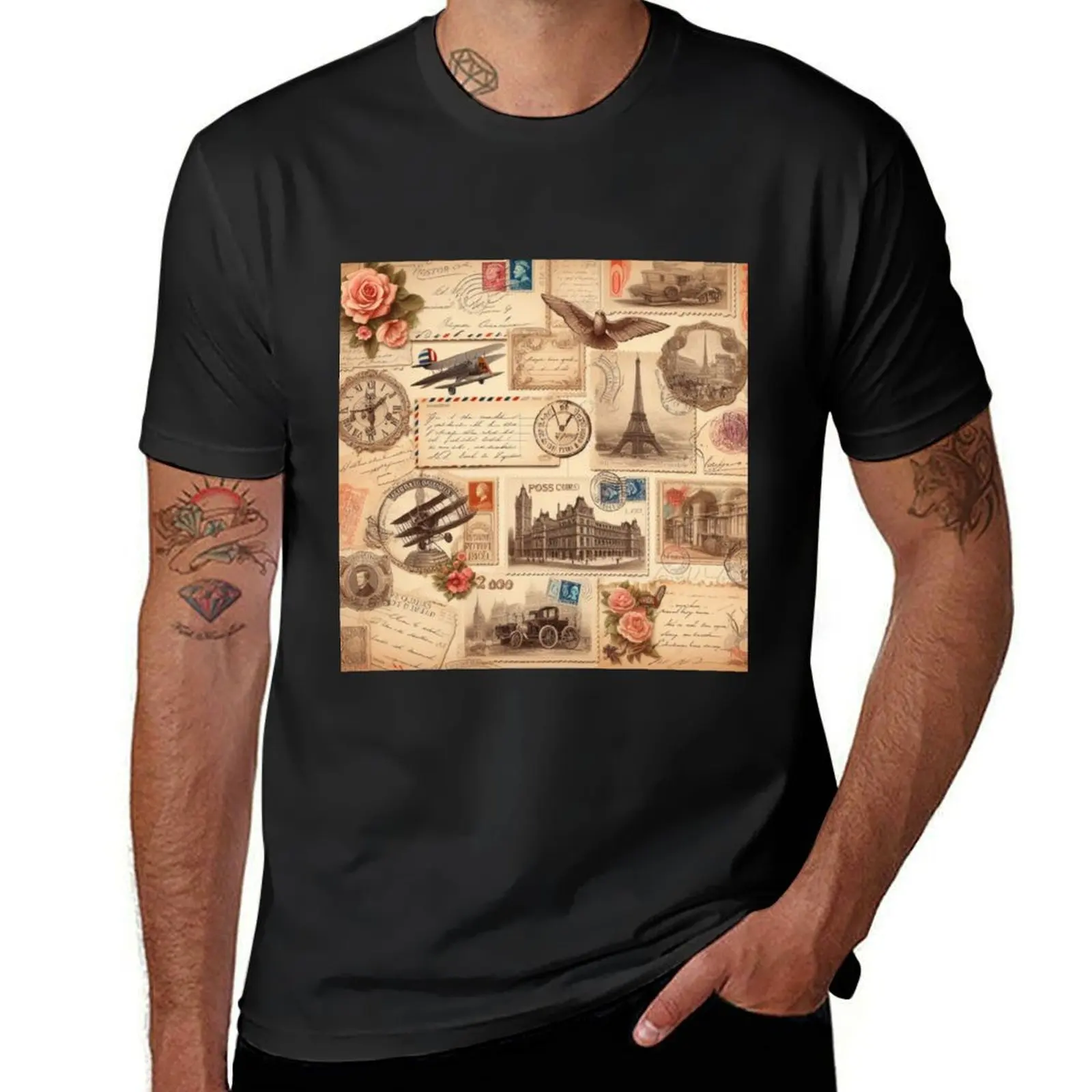 

Nostalgic Postcard Collage: Vintage Stamps with Rose Accents T-Shirt funnys quick drying t shirts men