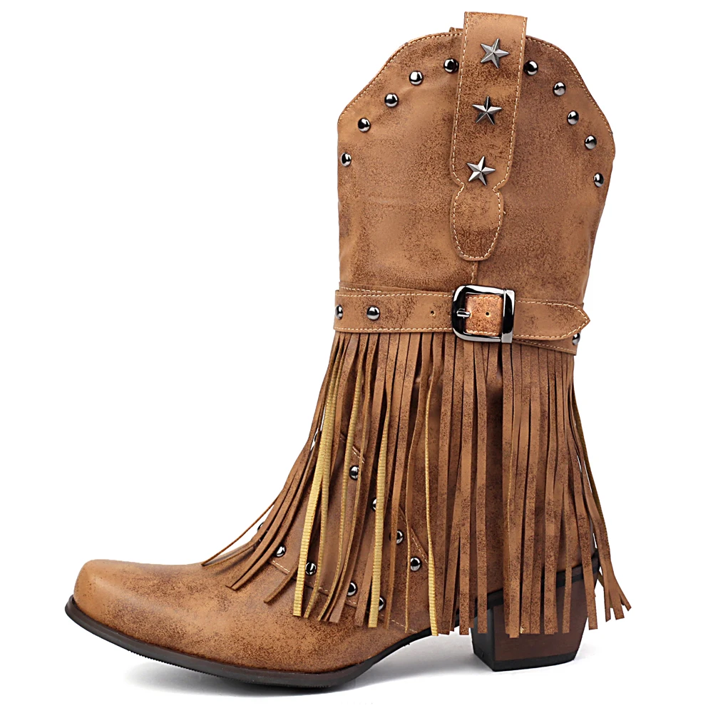 2026 женские ботильоны в стиле вестерн с заклепками и кисточками, осенне-зимняя обувь, женские ковбойские сапоги, ботильоны