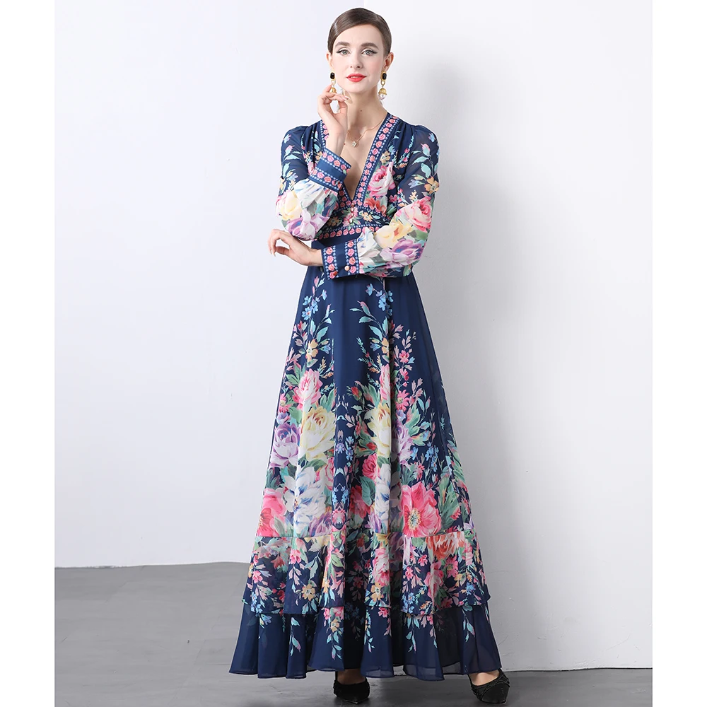 Autumn Flower Print Holiday Long Dress Elegant Women Sexy Deep V Neck High Waist Chiffon Lantern Sleeve Ball Gown Robe Clothes