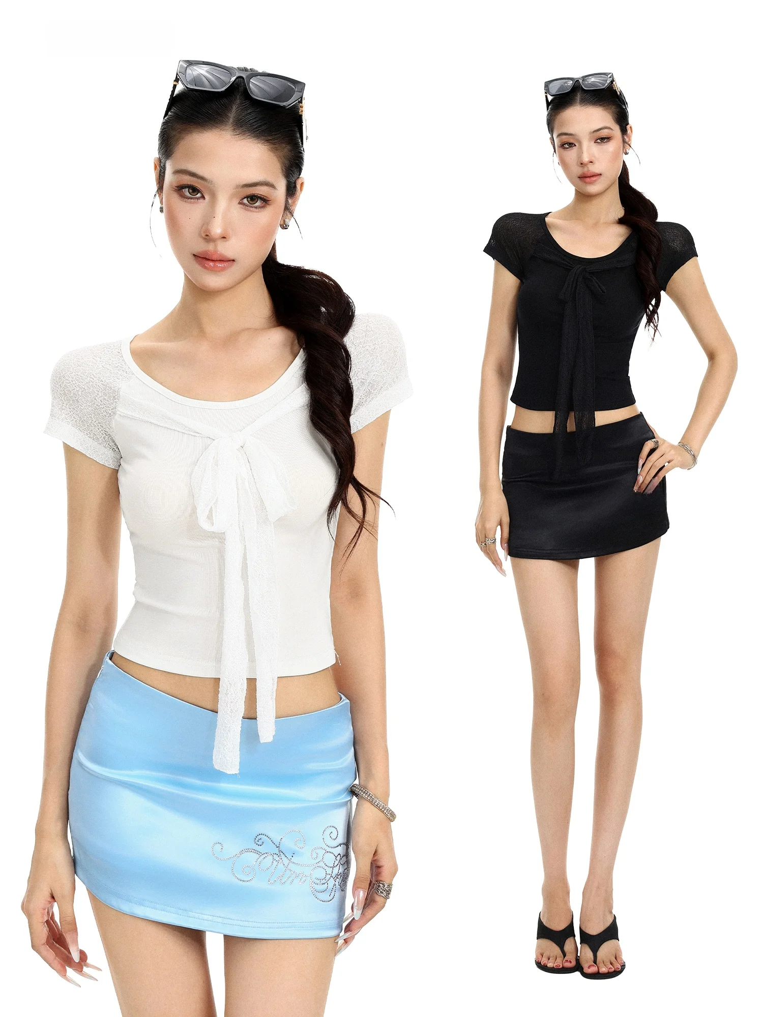Summer Short Sleeve T-Shirt Women's Lace Patchwork Slimming Belt High Waist Short Length Belly Baring Soft Breathable Casual Top