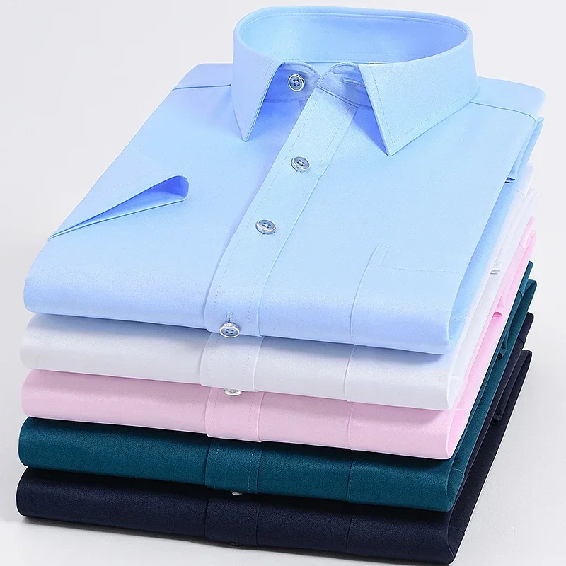 

Men's Short Sleeve Shirt Stretch Fabric Solid Black White Elasticity Social Shirt Formal Dresses Slim Fit Work Male Blouse