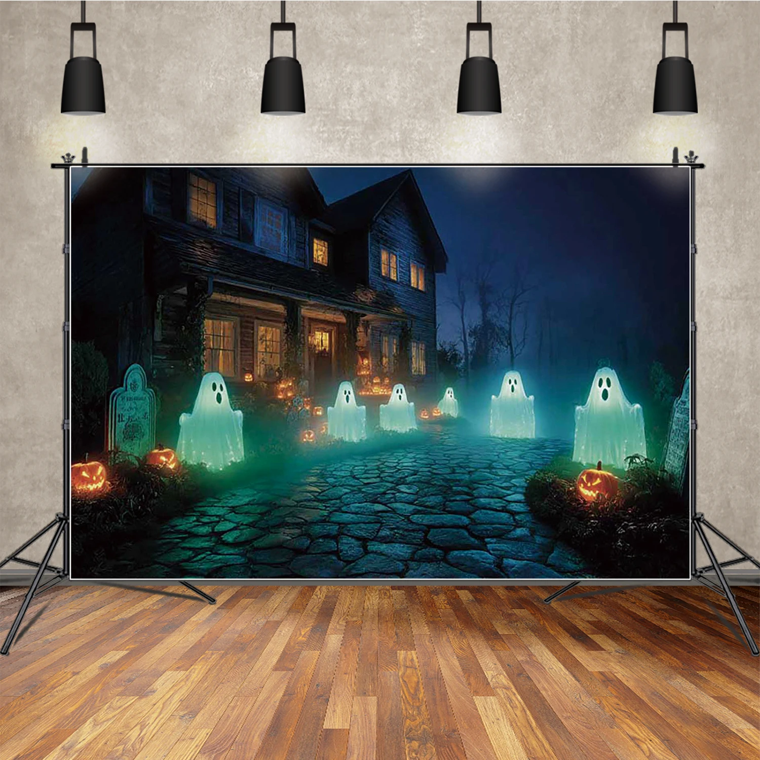 

MOON.QG Ghost Halloween Courtyard Photo Background House Tombstones Backdrop Photography Photozone Party Studio Baby Shower