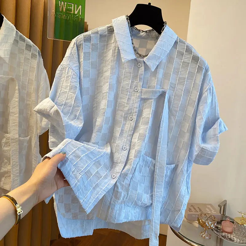 

SuperAen 2024 Summer Design White Checkered Chiffon Shirt Short Sleeve Wrinkle Sunscreen Plaid Shirt