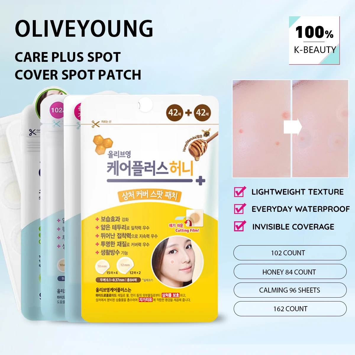 Olive Young Care Plus Spot Cover Spot Patch,Hydrogel Texture,Skin-Conforming,Gentle Repair,Emergency Care,K-Beauty,Korean Makeup