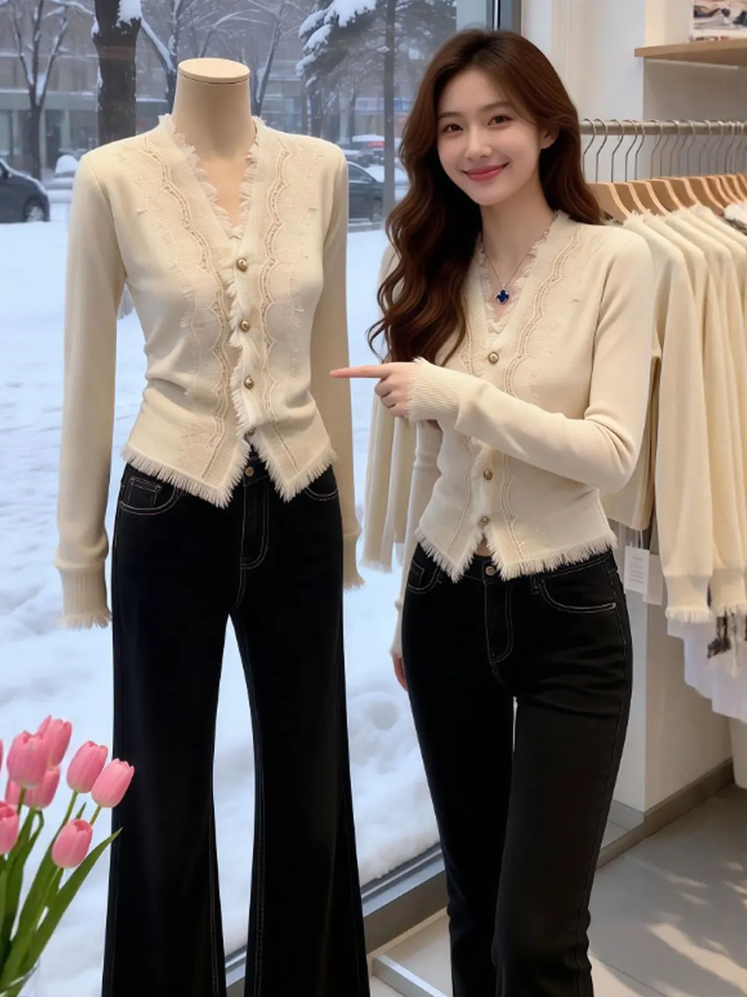 

Ele V-Ne Sweater Gentle Sle Spring 2026 Women's Knitted Top Soft Medium Thin Long Sve ort Length Pure Color