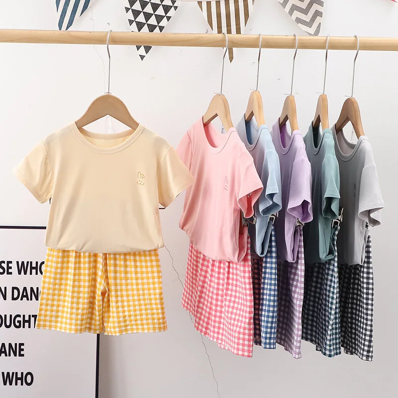 Children's Modal Sleepwear Two Piece Set Summer Short Sleeve Set Ice Silk Boys and Girls' Air Conditioning Clothing Home Clothes