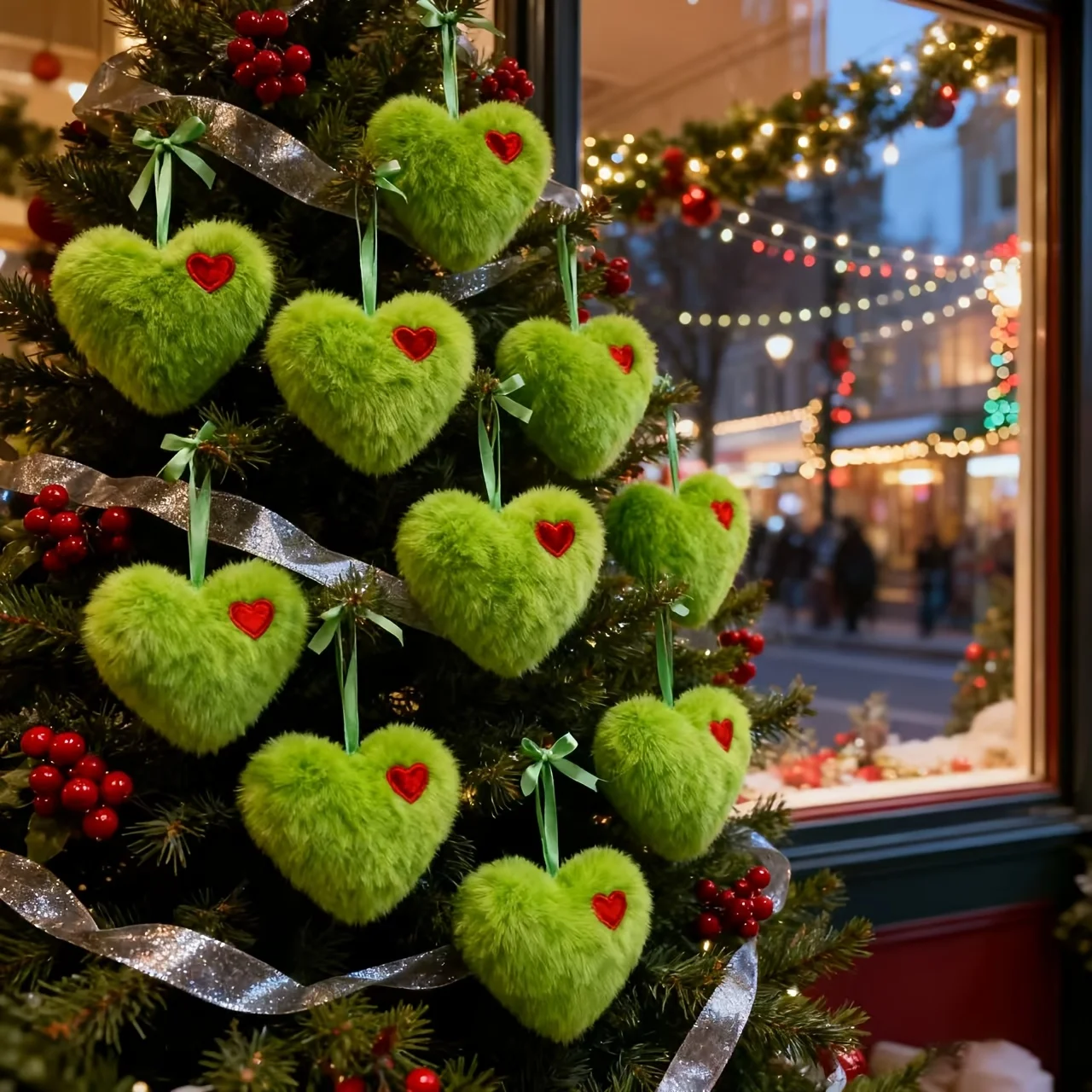 2pcs Green Fluffy Heart Christmas Balls Ornaments with Red Hearts, Suitable for Christmas Tree Hangings,Handmade,Holiday Parties